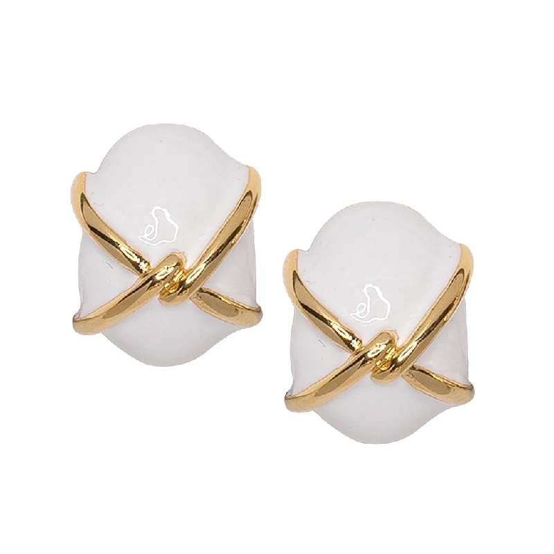 "X" White Button Clip Earring