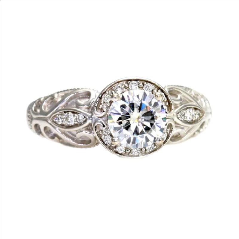 Art Deco Style Moissanite Engagement Ring Vintage Diamond Halo