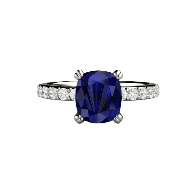 Blue Sapphire Cushion Engagement Ring Double Prong Solitaire Pave Diamonds