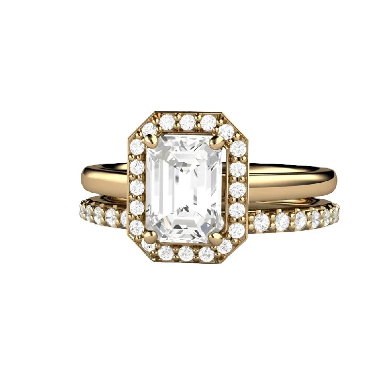 Emerald Cut White Sapphire Engagement Ring Petite Pave Halo