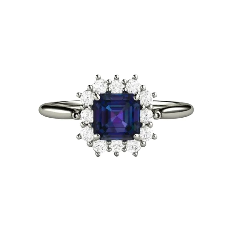 Asscher Cut Alexandrite Engagement Ring | Vintage-Inspired Cluster Halo | Color Change June Birthstone