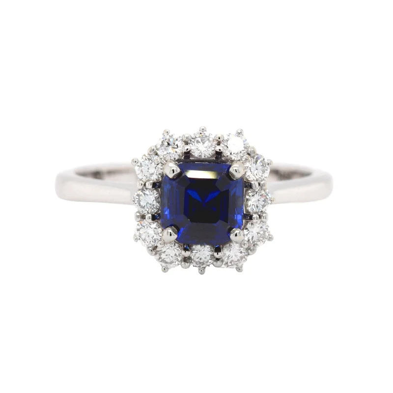 Asscher Cut Blue Sapphire Engagement Ring Vintage Style Diamond Cluster