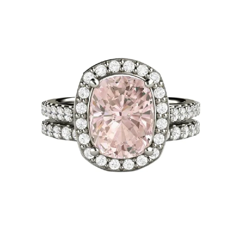 Morganite Cushion Cut Halo Engagement Ring Bridal Set