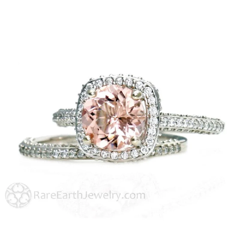 Pave Diamond Halo Morganite Wedding Set Engagement Ring and Band