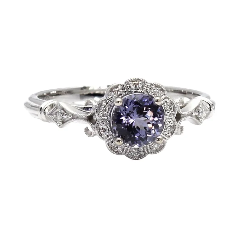 Vintage Style Purple Sapphire Engagement Ring Art Deco Halo