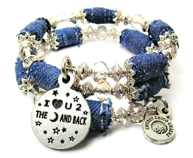 I Love U 2 The Moon And Back Blue Jean Beaded Wrap Bracelet