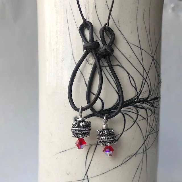 Leather loop earrings with Thai silver beads and Swarovski crystals