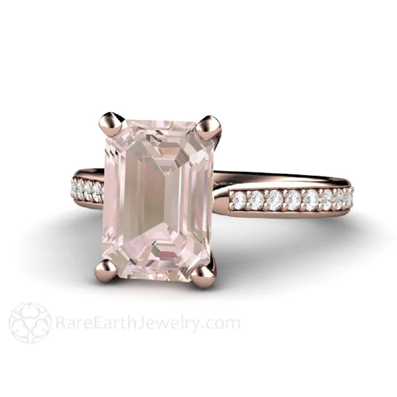 Solitaire Morganite Ring Engagement Ring Emerald Cut with Diamonds