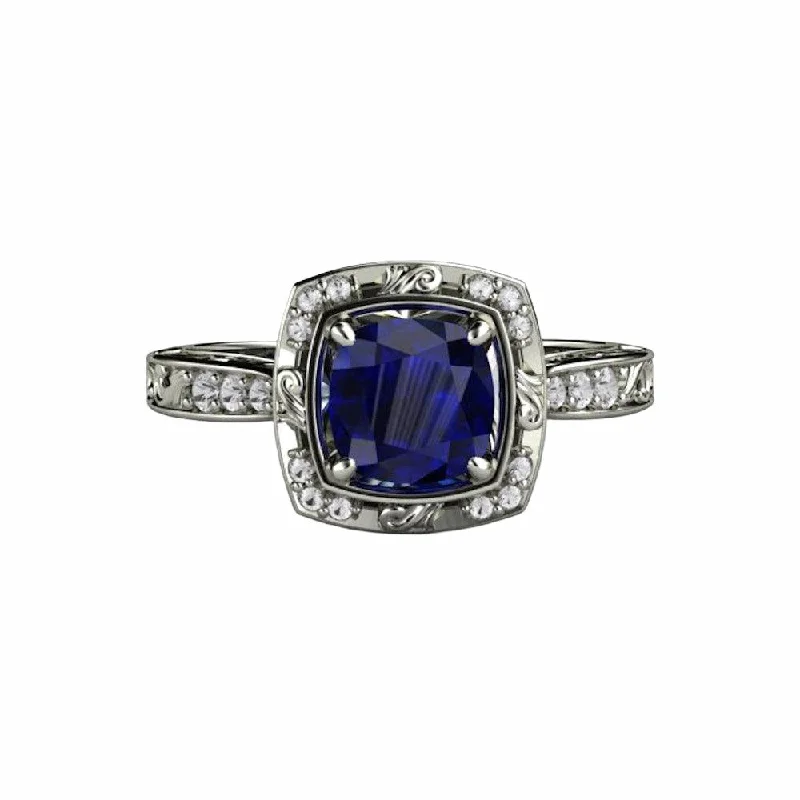 Vintage Art Deco Blue Sapphire Cushion Engagement Ring with Diamonds