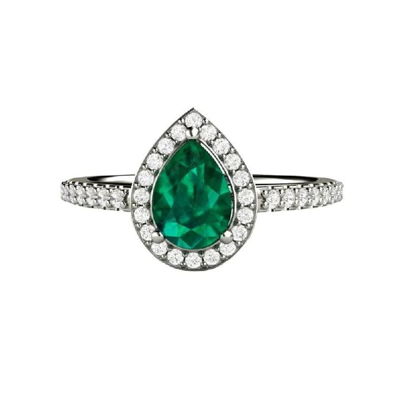 Pear Cut Natural Emerald Engagement Ring with Diamond Halo