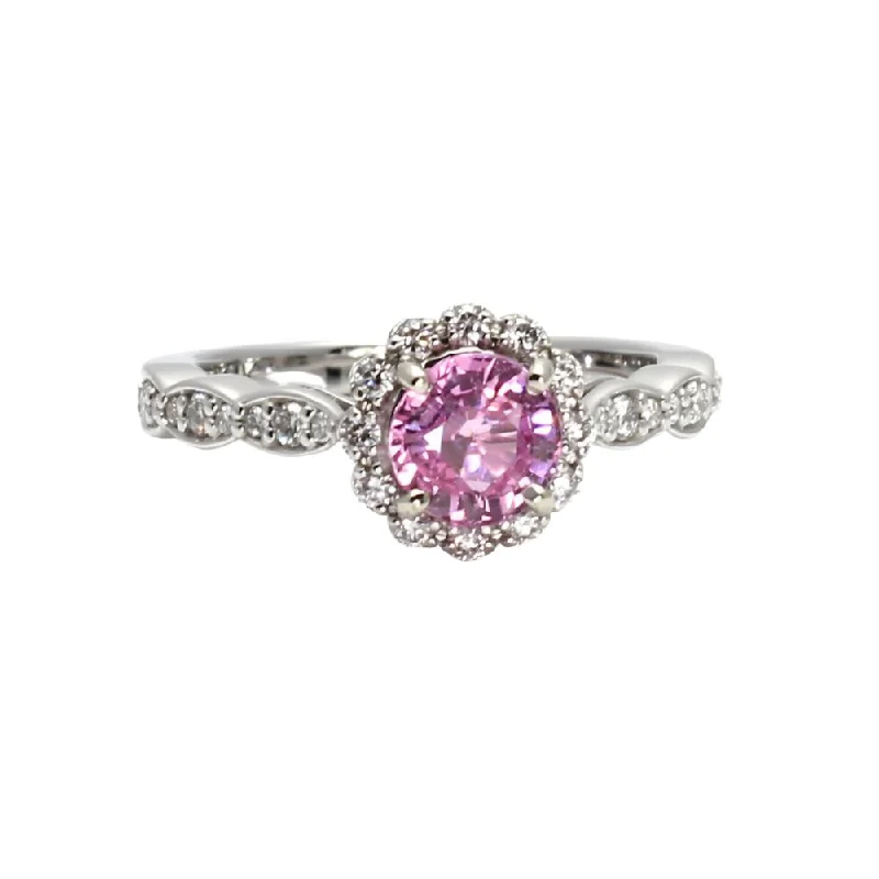 Pink Sapphire Engagement Ring Vintage Style Diamond Halo Scalloped Band