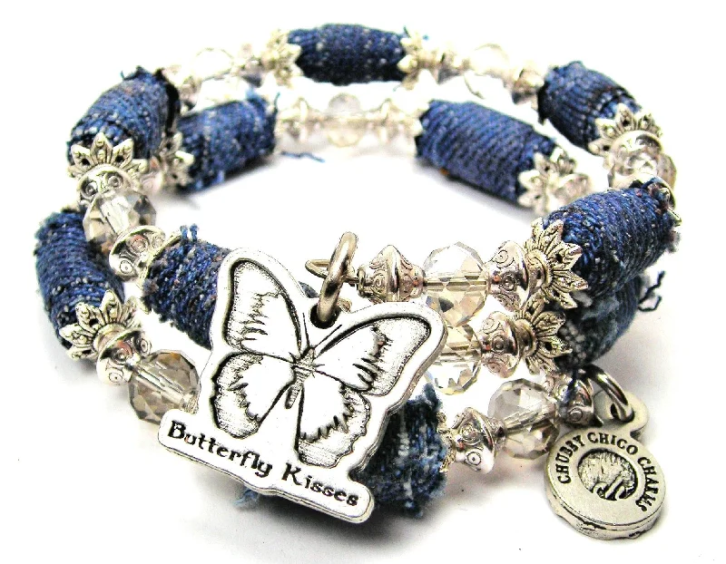 Butterfly Kisses Blue Jean Beaded Wrap Bracelet