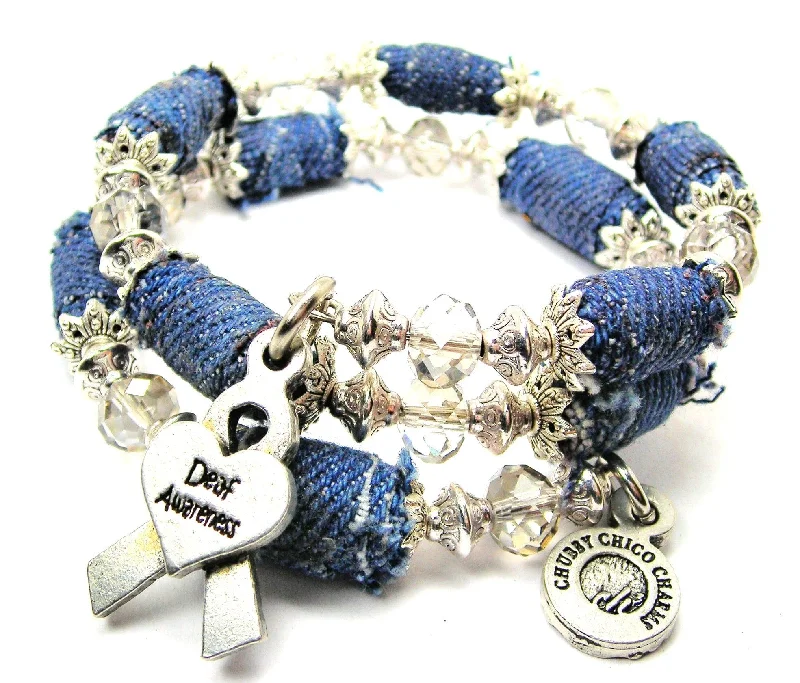 Deaf Awareness Ribbon Blue Jean Beaded Wrap Bracelet