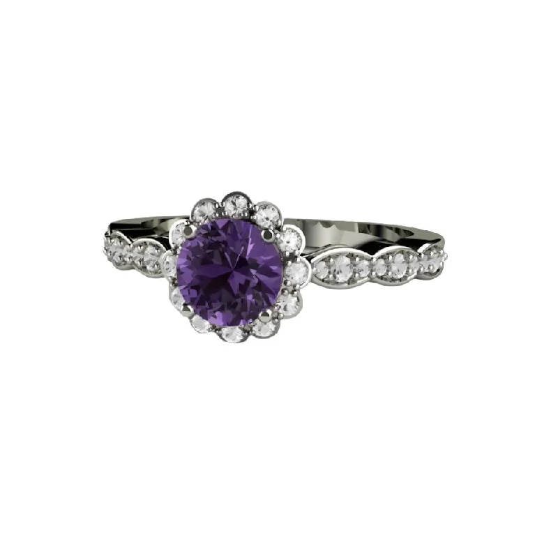 Purple Sapphire Engagement Ring Vintage Diamond Halo