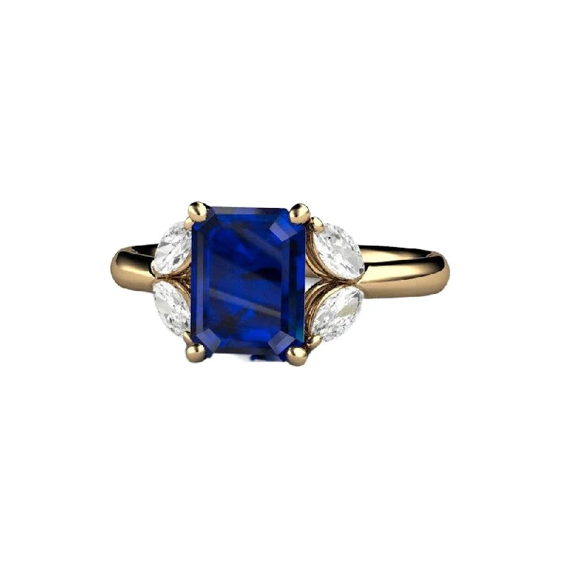 Blue Sapphire Engagement Ring Emerald Cut with Marquise Diamonds