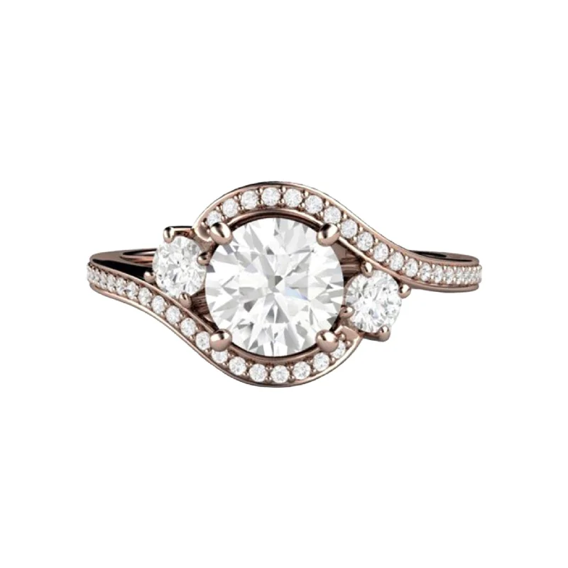 1ct Forever One Moissanite Engagement Ring | 3 Stone Bypass Halo in Gold or Platinum