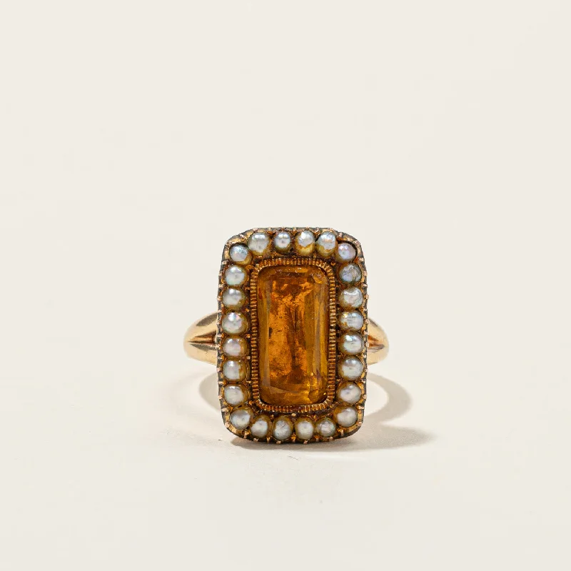 Vintage Orange Glass & Pearl Cocktail Ring | 2.50ct | SZ 6.5 |