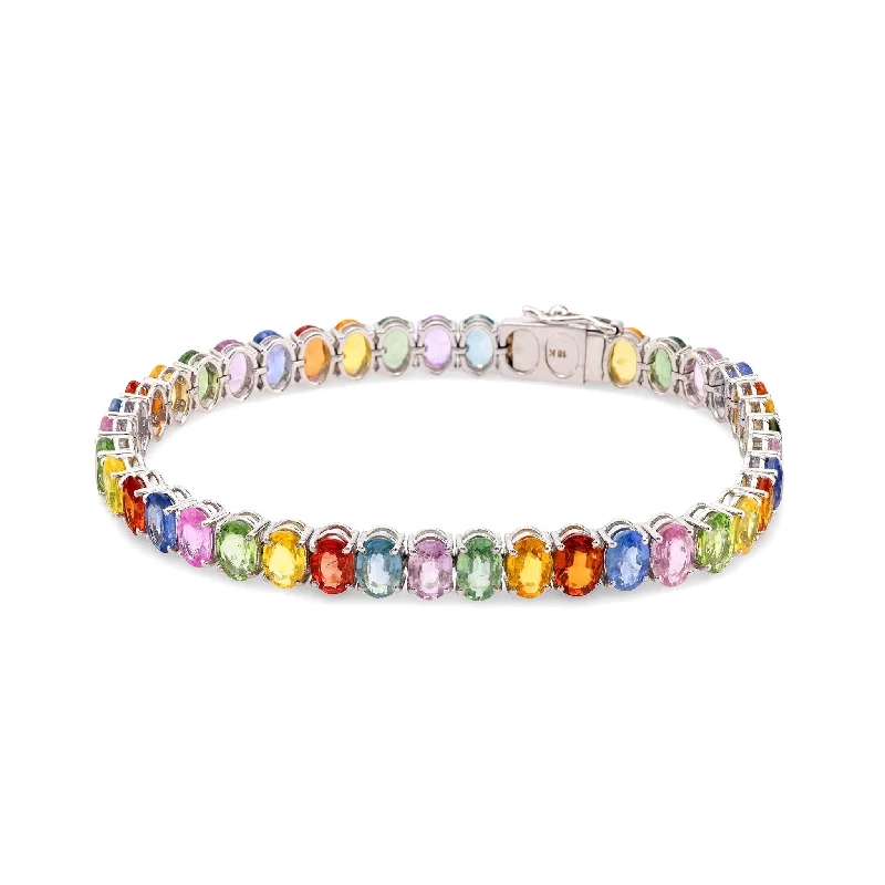 Vintage French 25 carat multicolor sapphire 18k white gold tennis bracelet