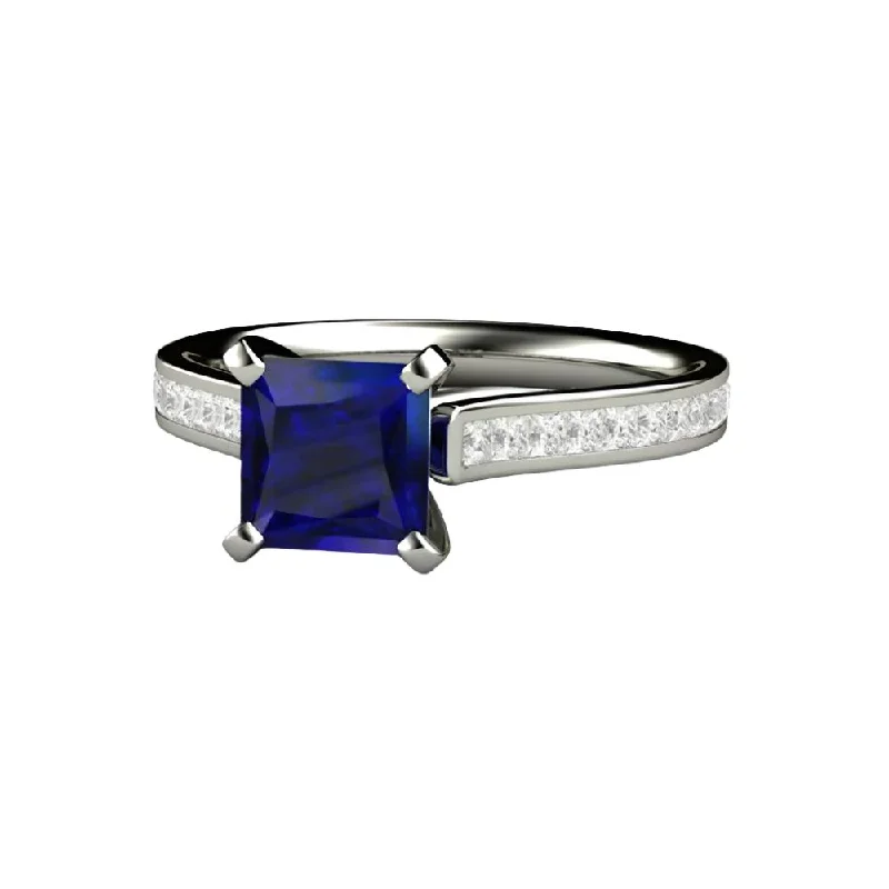 Princess Cut Blue Sapphire Engagement Ring Diamond Accented Solitaire