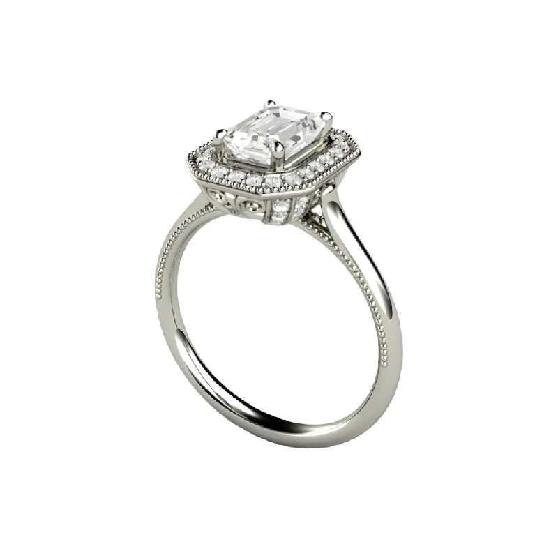 Vintage Emerald Cut Moissanite Engagement Ring with Diamond Halo and Filigree