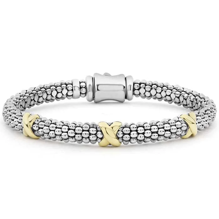 LAGOS Caviar Three Station X Bracelet in Sterling Silver and 18K Yellow Gold