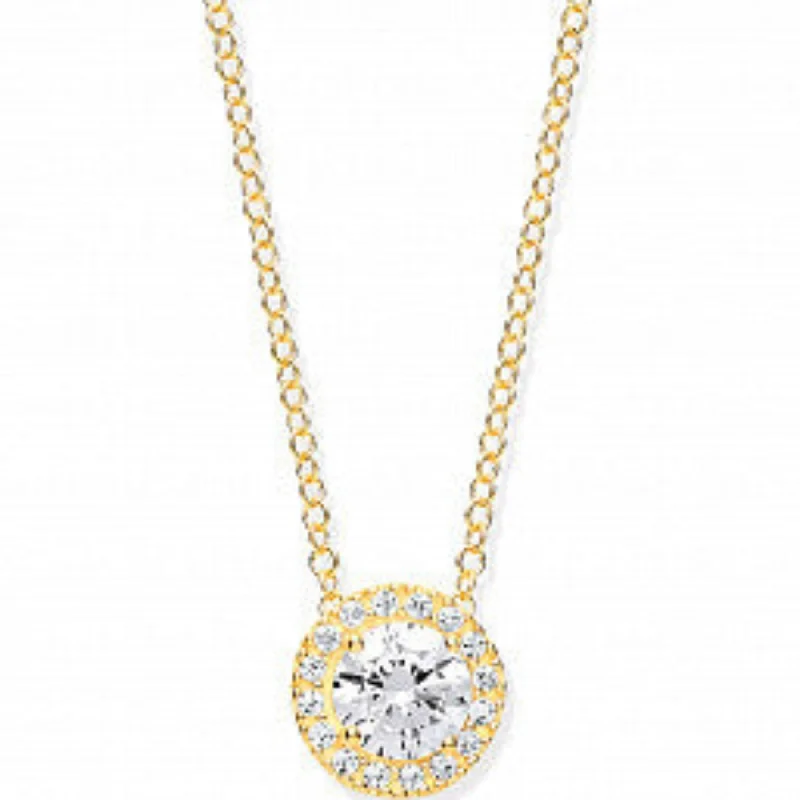 Round Cubic Zirconia Halo Necklace - 9ct Yellow Gold