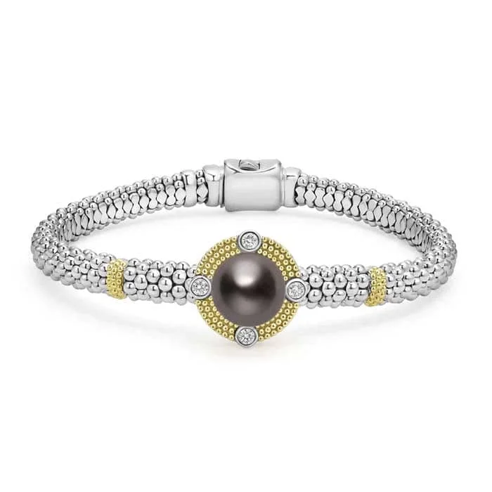 LAGOS Tahitian Black Pearl and Diamond Bracelet in Sterling SIlver and 18K Yellow Gold