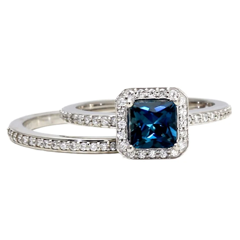 London Blue Topaz Engagement Ring Square Princess Cut Halo