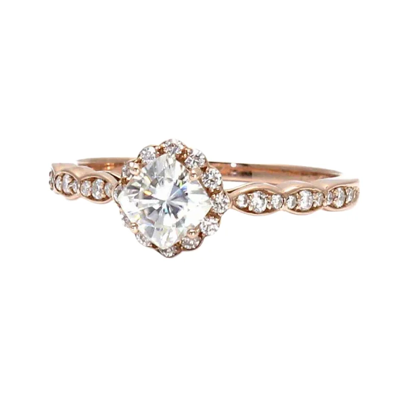 Cushion Cut Moissanite Halo Engagement Ring with Diamonds