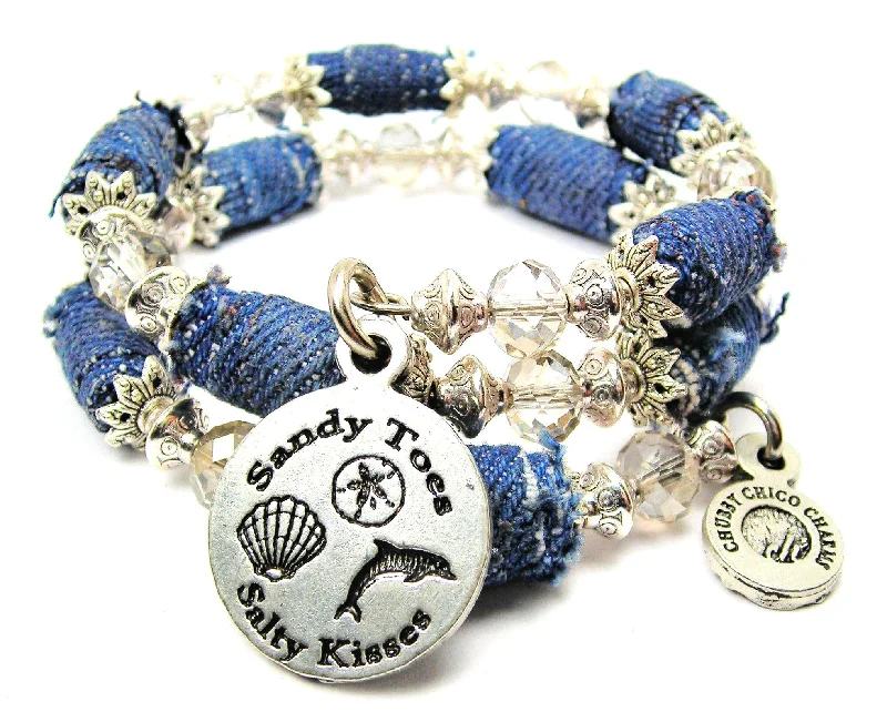 Sandy Toes Salty Kisses Blue Jean Beaded Wrap Bracelet