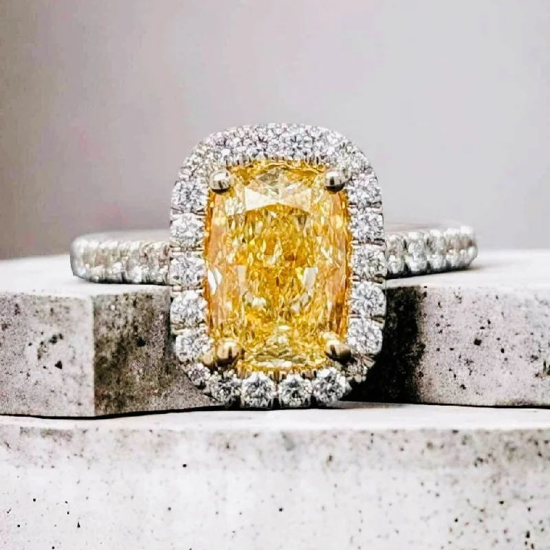 Fancy Yellow Cushion Cut Diamond Halo Ring