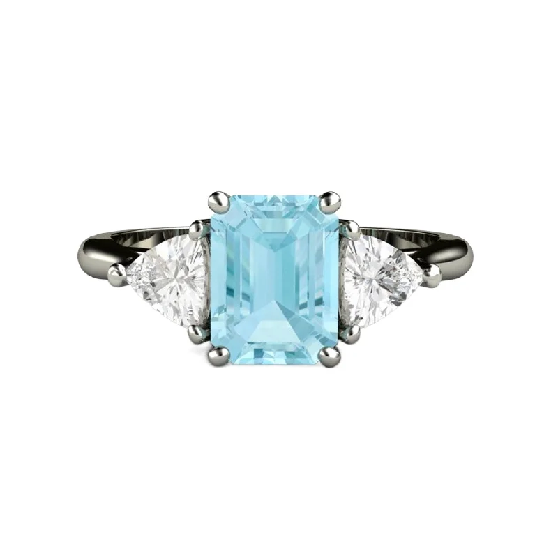 Aquamarine Engagement Ring Emerald Cut 3 Stone Trio Design