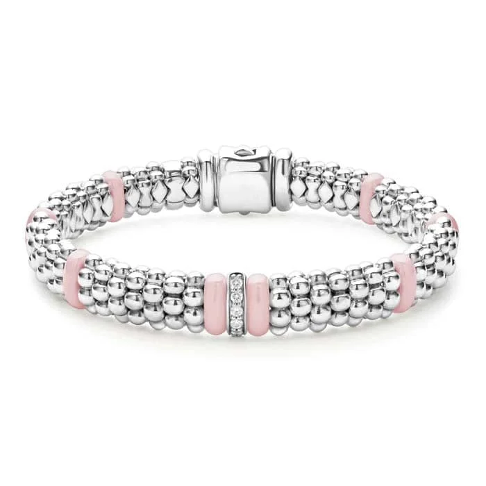 LAGOS Pink Ceramic Caviar Single Station Diamond Bracelet in Sterling Silver