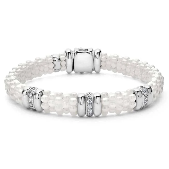 LAGOS White Ceramic Caviar Three Station Diamond Bracelet in Sterling Silver