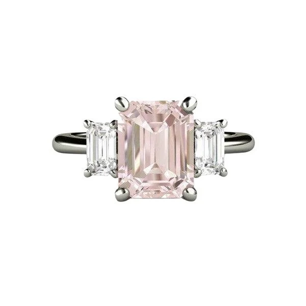 Emerald Cut Morganite Three Stone Engagement Ring with White Sapphires