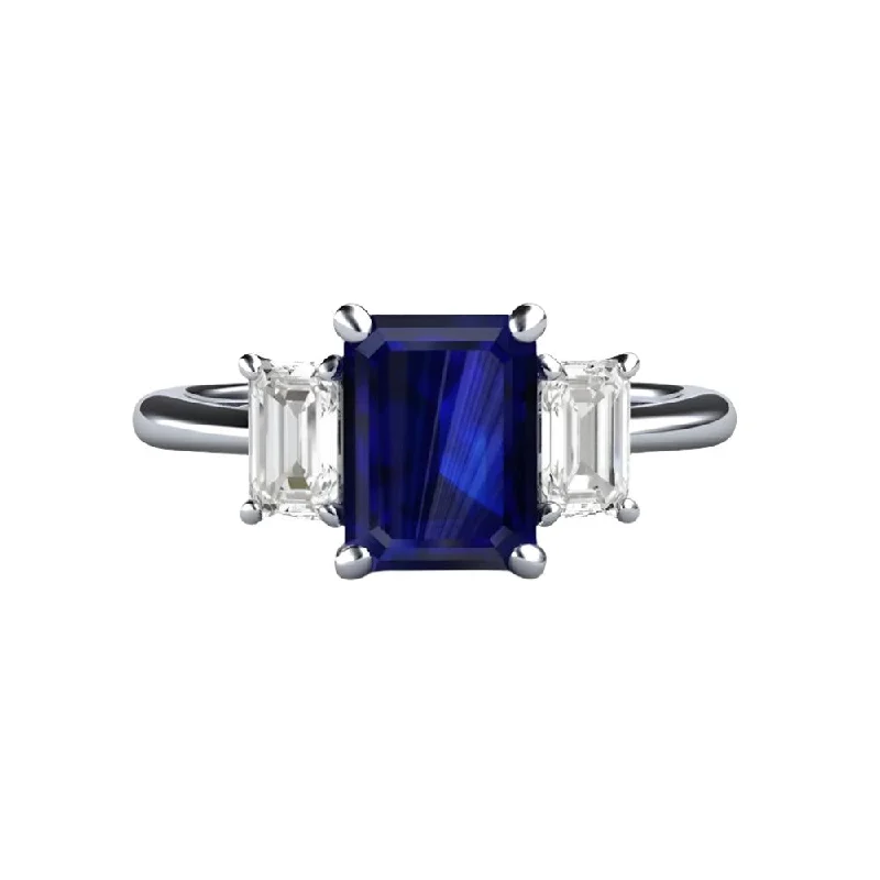 Three Stone Blue Sapphire Engagement Ring Emerald Cut with White Sapphire Accents