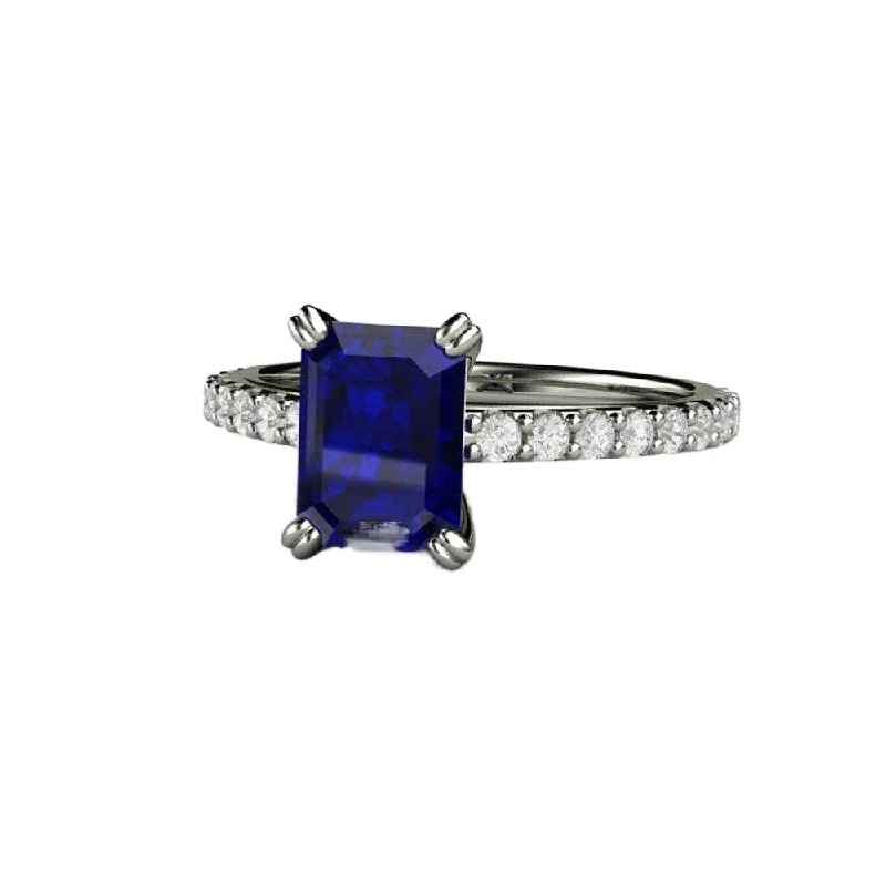 Blue Sapphire Engagement Ring Emerald Cut Solitaire Diamond Accented