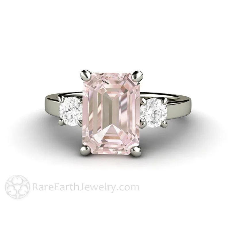 Pink Morganite Engagement Ring Emerald Cut 3 Stone with Diamonds