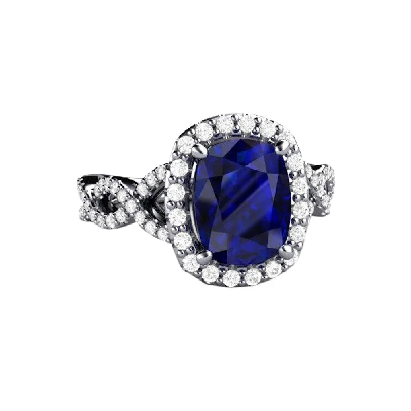 Cushion Blue Sapphire Engagement Ring Infinity Split Shank Diamond Halo