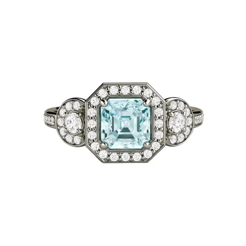 Asscher Cut Aquamarine Engagement Ring | 3 Stone Diamond Halo