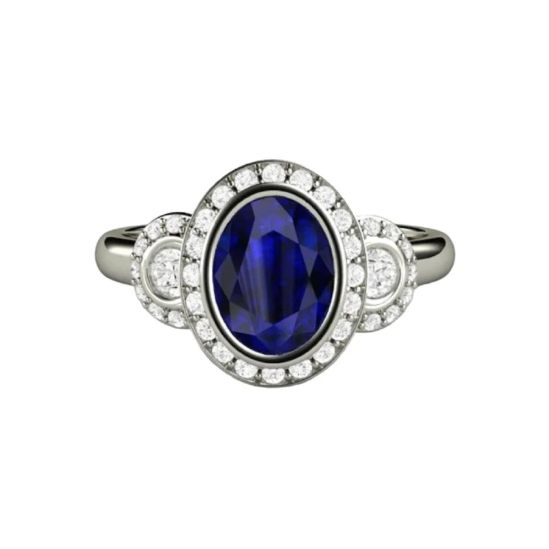 Antique Style Oval Blue Sapphire Engagement Ring | Bezel Set Sapphire Ring with Diamond Halo