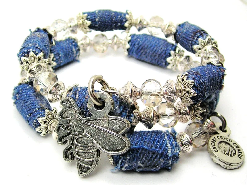 Bee Hornet Mascot Blue Jean Beaded Wrap Bracelet