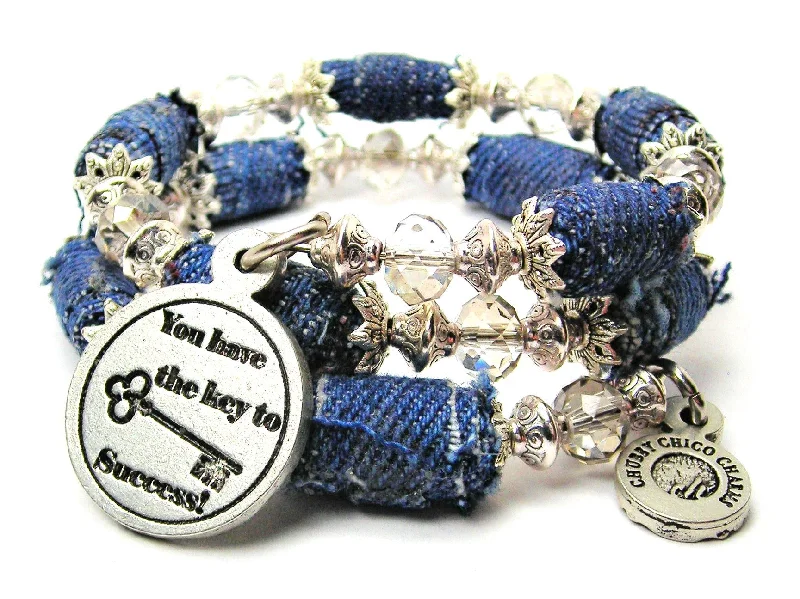 You Have The Key To Success Blue Jean Beaded Wrap Bracelet