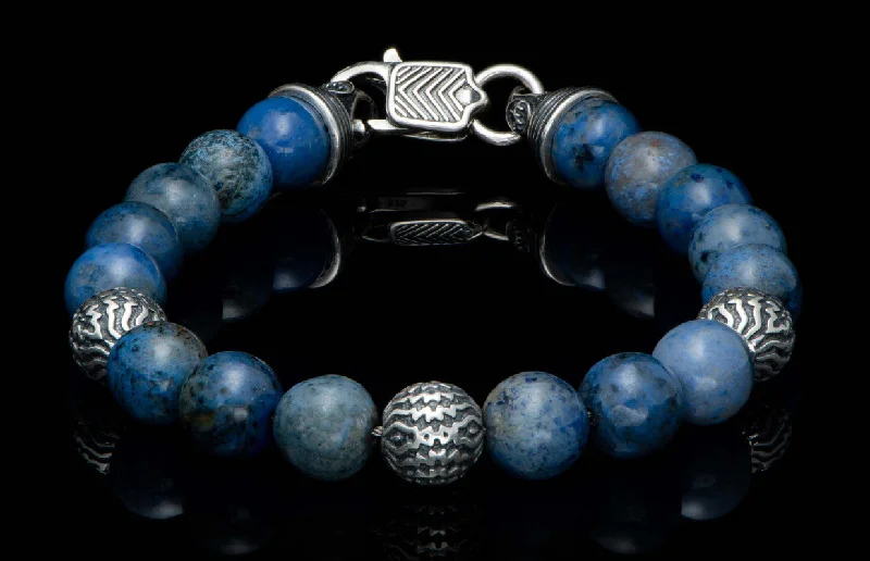 Mens Beaded Sterling Silver And Dumortierite Bracelet