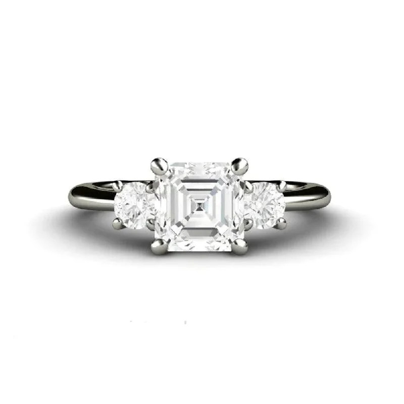 Forever One Moissanite Asscher Engagement Ring 3 Stone Design