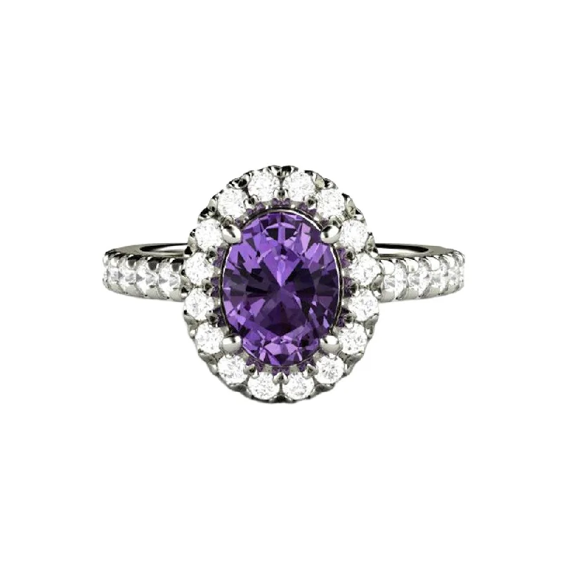 Purple Sapphire Engagement Ring Oval Halo with Pave Diamonds