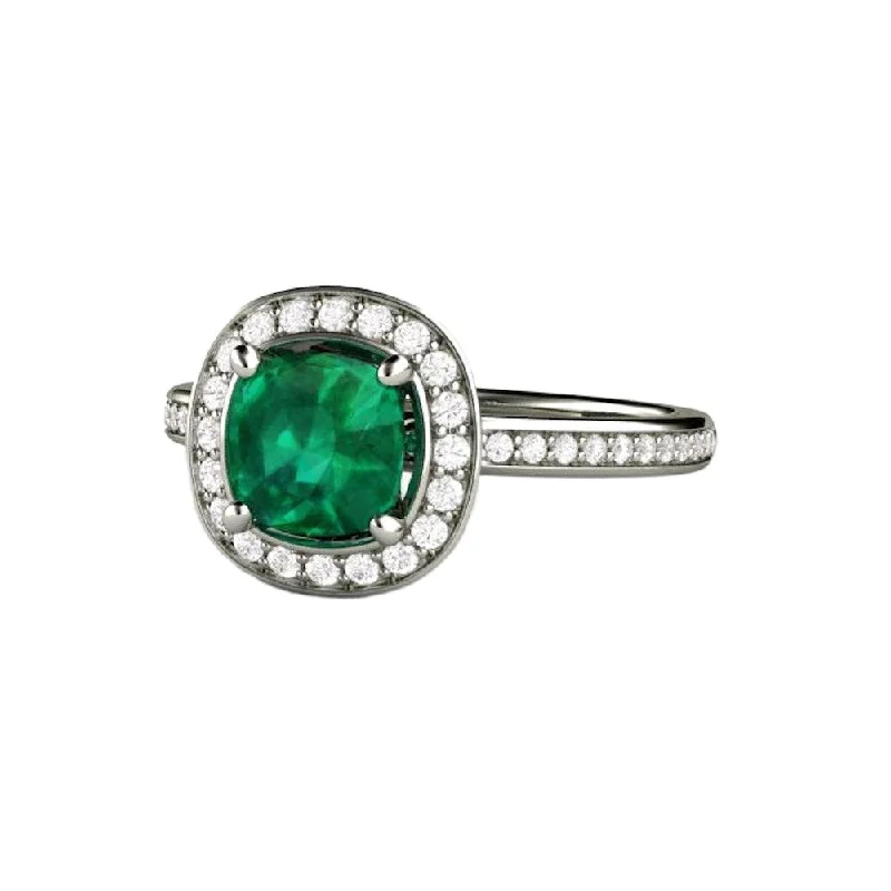 Emerald Halo Engagement Ring Cushion Cut with Diamond Accents