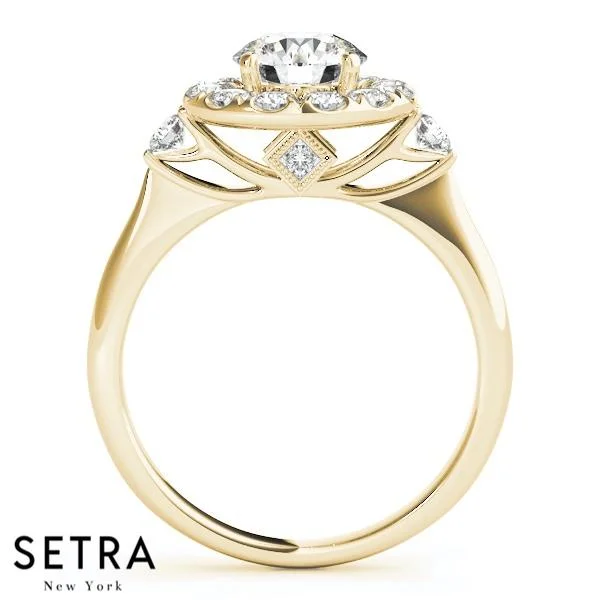 14K GOLD FINE HALO SEMI-MOUNT ENGAGEMENT ROUND CUT DIAMOND RING