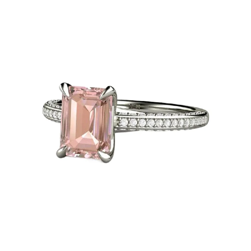 Champagne Pink Sapphire Engagement Ring Emerald Cut Pave Solitaire