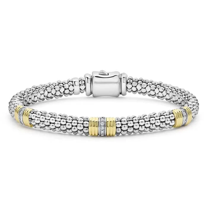 LAGOS Triple Diamond Station Caviar Bracelet in 18K Yellow Gold and Sterling Silver, 6MM